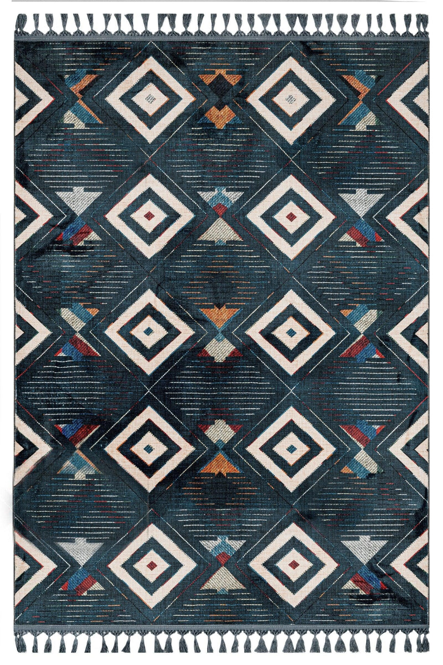 Beyaz Krem Baklava Desenli Bohem Triko Halı - Yıkanabilir - Kaymaz Taban - Pati Dostu