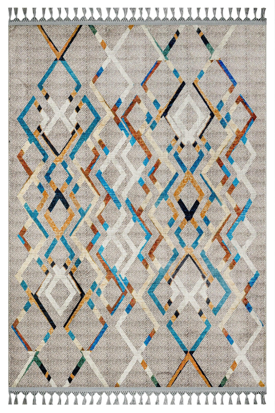 Gri Krem Baklava Desenli Bohem Triko Halı - Yıkanabilir - Kaymaz Taban - Pati Dostu