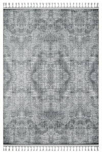 Alfombra gris con estampado digital, motivos abstractos y superficie texturizada