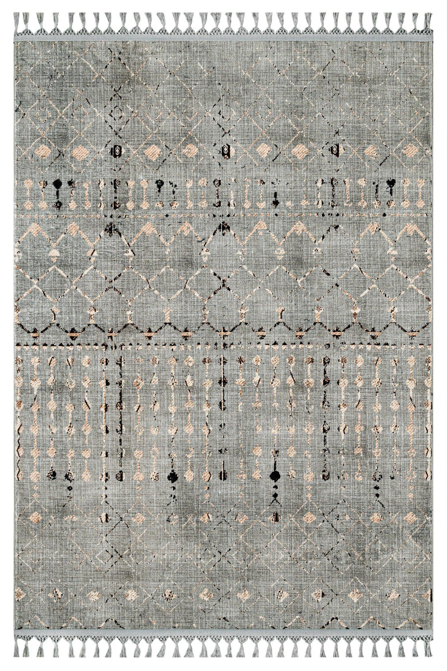 Gri Bohem Etnik Triko Halı - Yıkanabilir - Kaymaz Taban - Pati Dostu