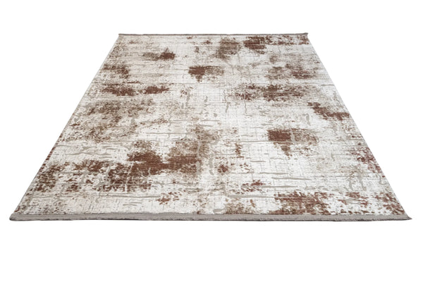 Bej Beyaz Bordürlü Geometrik Halı - Toz Vermez