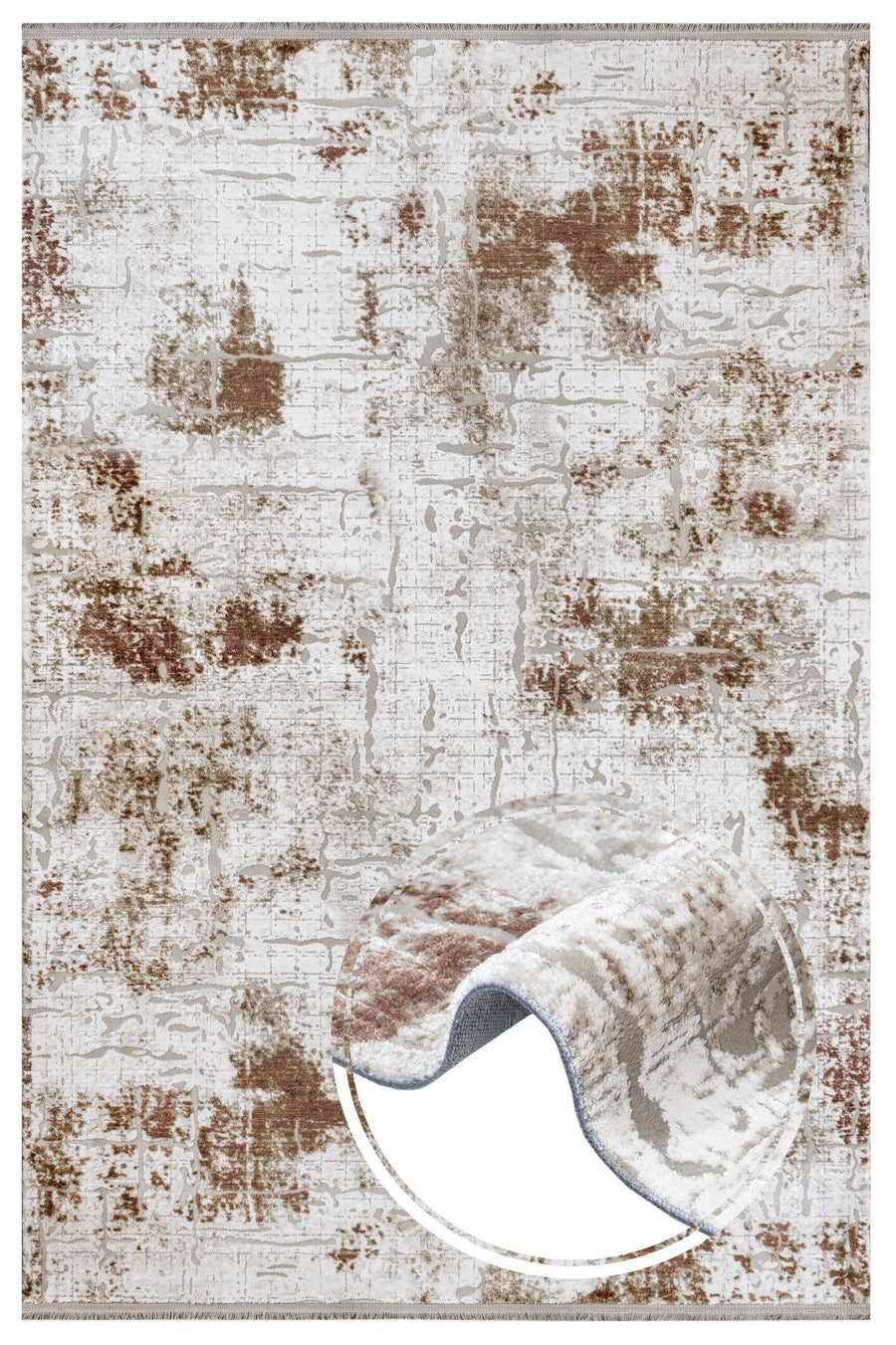 Bej Beyaz Bordürlü Geometrik Halı - Toz Vermez