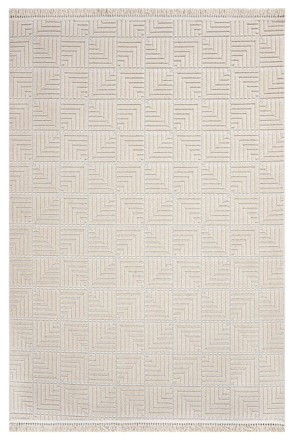 Bej Krem Geometrik Minimalist Desenli Triko Halı - Toz Vermez