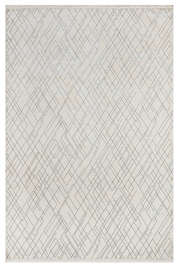 Bej Beyaz Geometrik Minimalist Triko Halı - Toz Vermez