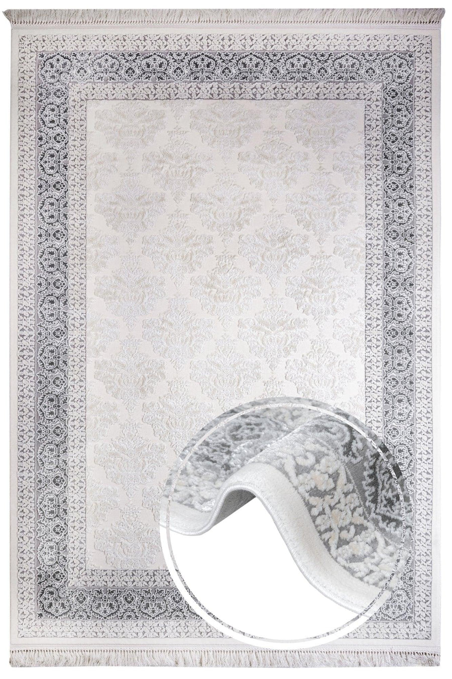 Bej Gri Bordürlü Geometrik Halı - Toz Vermez