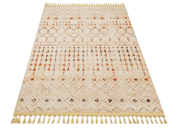 Bej Kırmızı Bohem Etnik Triko Halı - Yıkanabilir - Kaymaz Taban - Pati Dostu
