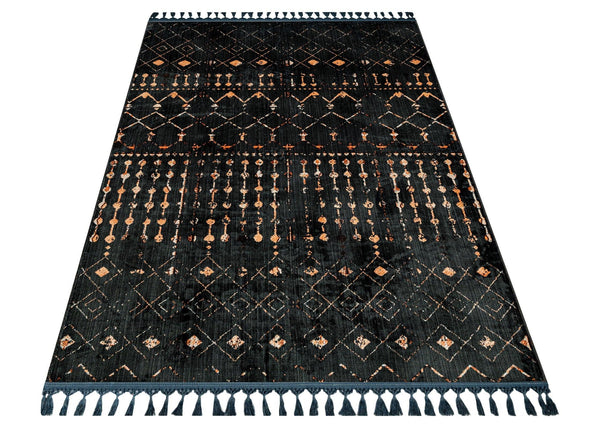 Antrasit Gold Bohem Geometrik Triko Halı - Yıkanabilir - Kaymaz Taban - Pati Dostu