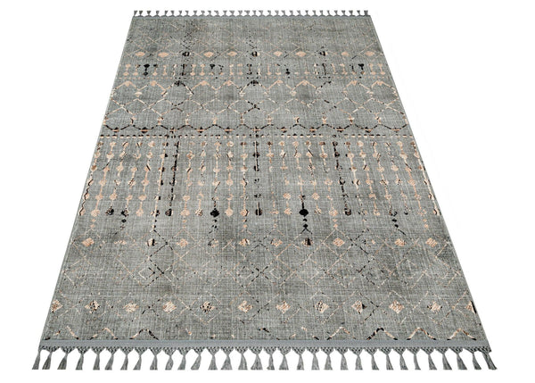 Gri Bohem Etnik Triko Halı - Yıkanabilir - Kaymaz Taban - Pati Dostu