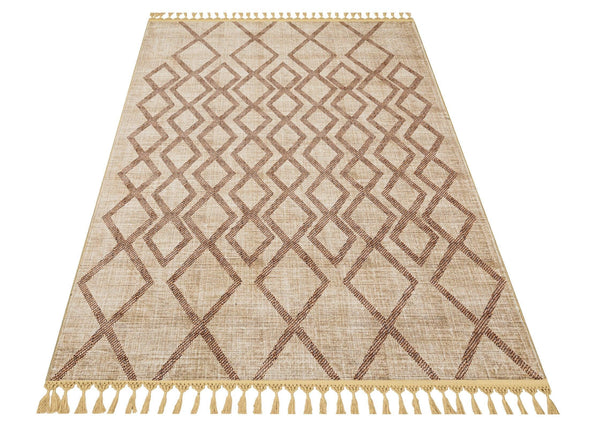 Bej Krem Baklava Desenli Bohem Triko Halı - Yıkanabilir - Kaymaz Taban - Pati Dostu