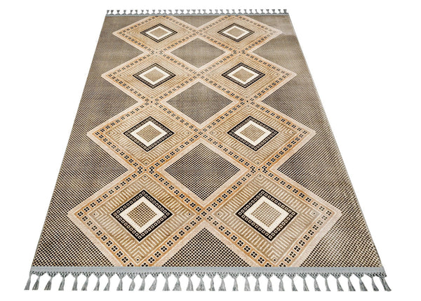 Bej Krem Baklava Desenli Bohem Triko Halı - Yıkanabilir - Kaymaz Taban - Pati Dostu