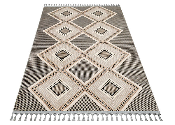 Bej Gri Baklava Desenli Bohem Triko Halı - Yıkanabilir - Kaymaz Taban - Pati Dostu