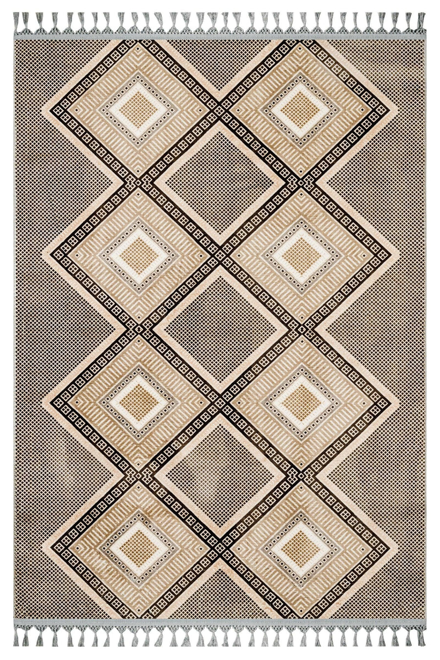 Bej Krem Baklava Desenli Bohem Triko Halı - Yıkanabilir - Kaymaz Taban - Pati Dostu