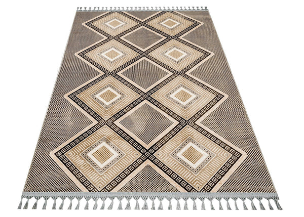 Bej Krem Baklava Desenli Bohem Triko Halı - Yıkanabilir - Kaymaz Taban - Pati Dostu