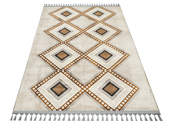 Bej Gold Baklava Desenli Bohem Triko Halı - Yıkanabilir - Kaymaz Taban - Pati Dostu