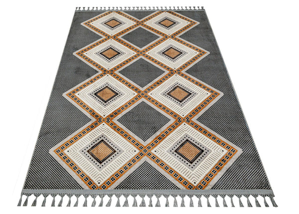 Beyaz Gri Baklava Desenli Bohem Triko Halı - Yıkanabilir - Kaymaz Taban - Pati Dostu