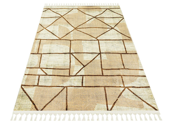 Bej Krem Bohem Etnik Triko Halı - Yıkanabilir - Kaymaz Taban - Pati Dostu