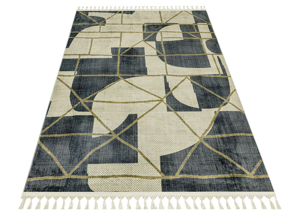 Bej Gri Bohem Etnik Triko Halı - Yıkanabilir - Kaymaz Taban - Pati Dostu