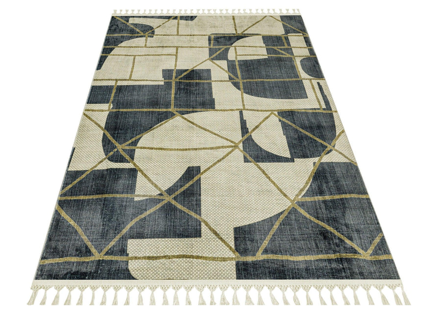 Cream Rug with Navy & Mustard Geometric Design – in the living room