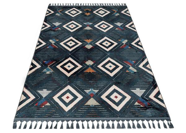 Beyaz Krem Baklava Desenli Bohem Triko Halı - Yıkanabilir - Kaymaz Taban - Pati Dostu