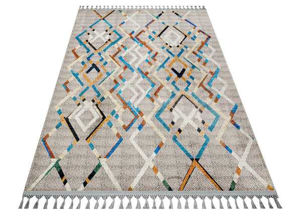 Gri Krem Baklava Desenli Bohem Triko Halı - Yıkanabilir - Kaymaz Taban - Pati Dostu