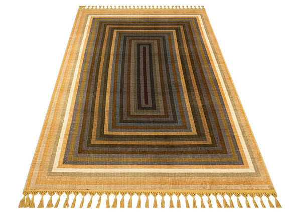 Bej Gold Bohem Geometrik Triko Halı - Yıkanabilir - Kaymaz Taban - Pati Dostu