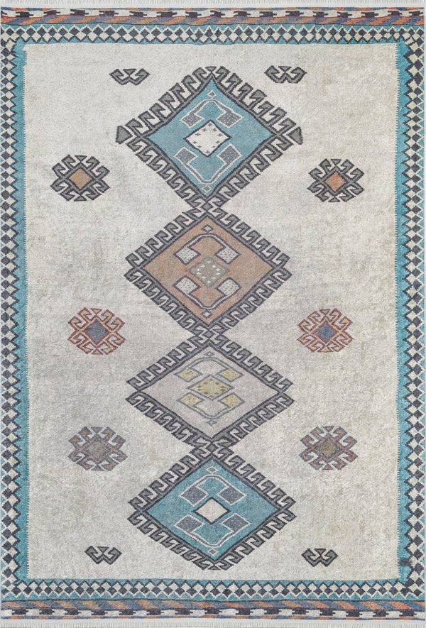 Bej Desenli Etnik Halı - Yıkanabilir - Kaymaz Taban - Pati Dostu