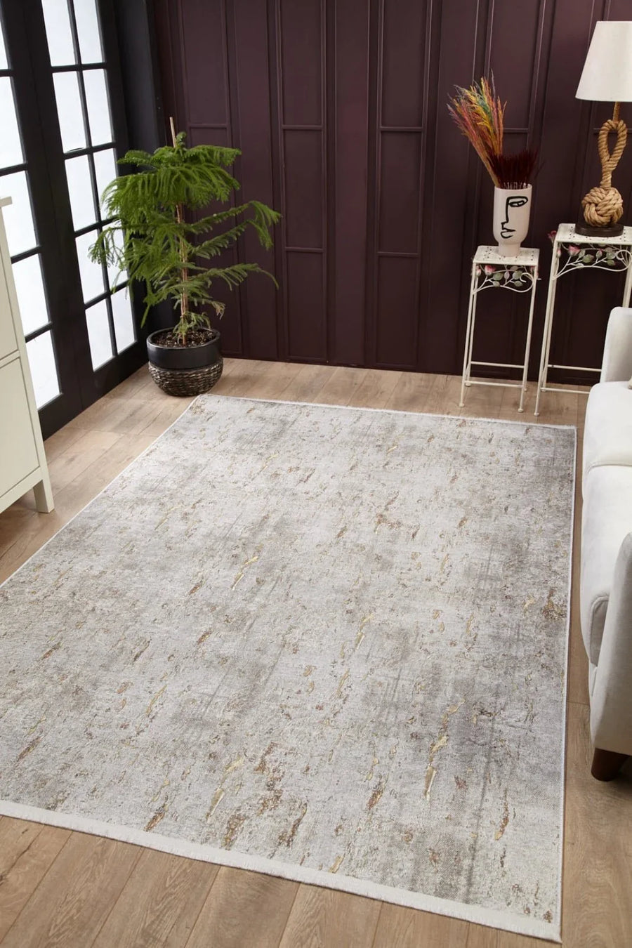 Beyaz Gri Dokulu Minimalist Halı - Yıkanabilir - Kaymaz Taban - Pati Dostu