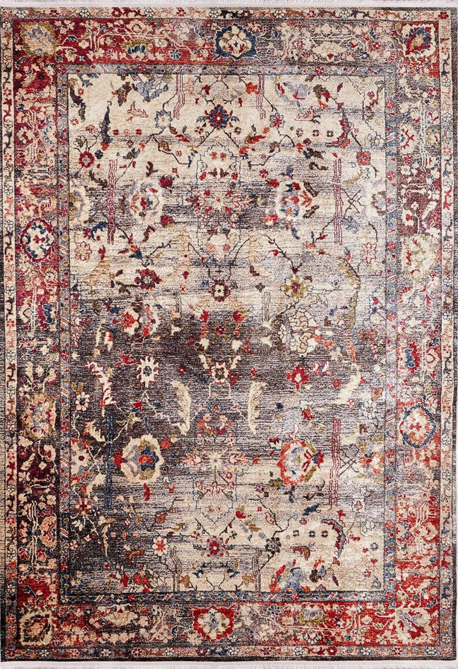 Grey Area Rug with Red Floral Pattern & Border – in the living room