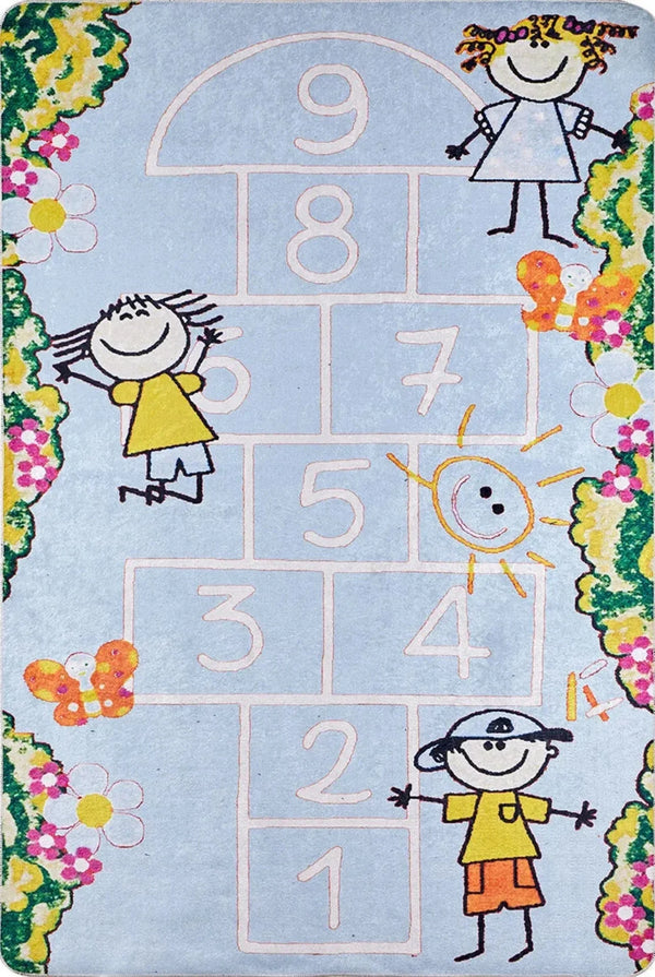 Mavi Desenli Figürlü Halı - Yıkanabilir - Kaymaz Taban - Pati Dostu