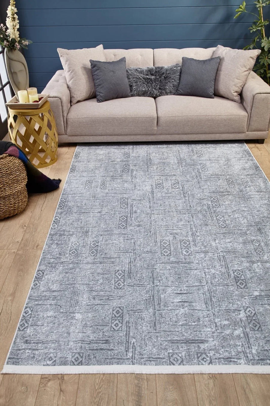 Gri Dokulu Minimalist Halı - Yıkanabilir - Kaymaz Taban - Pati Dostu
