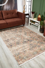 Beige Blue Distressed Geometric Living Room Rug - Polyester