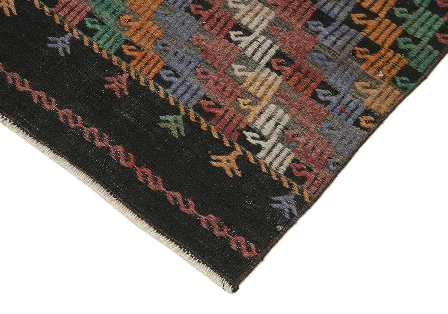 Black Geometric Turkish Kilim Runner Rug 90x353 cm (2'11" x 11'7") – in the hallway