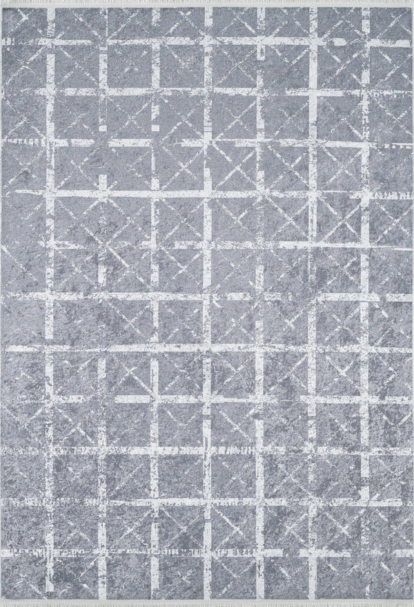 Beyaz Gri Desenli Geometrik Halı - Yıkanabilir - Kaymaz Taban - Pati Dostu