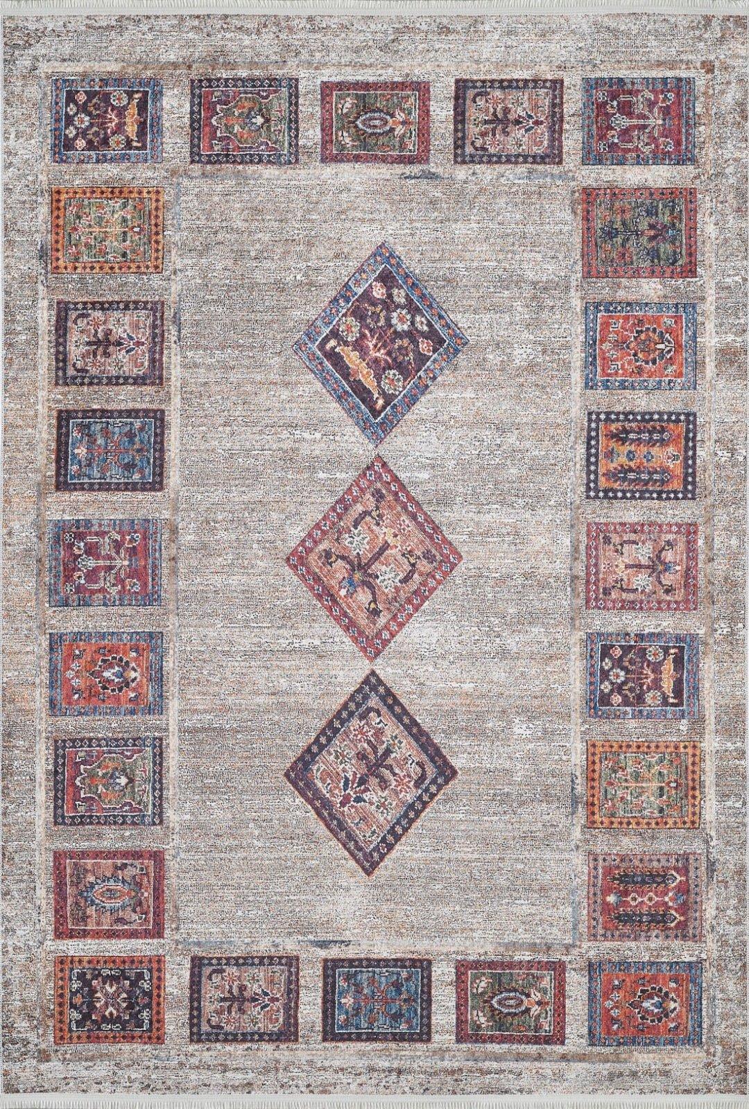 Gri Renkli Etnik Geometrik Halı - Yıkanabilir - Kaymaz Taban - Pati Dostu