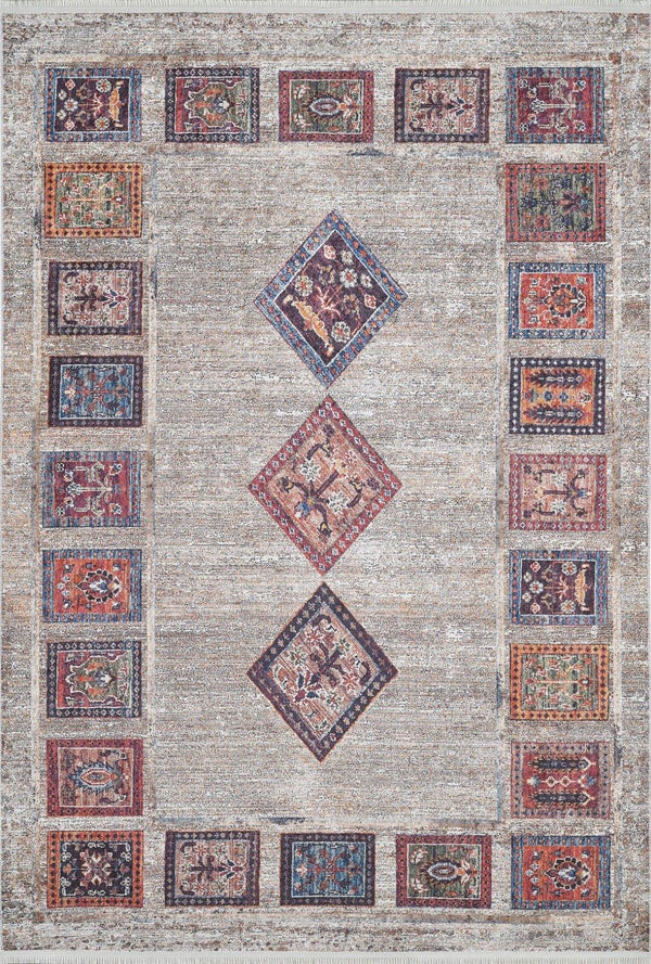 Gri Renkli Etnik Geometrik Halı - Yıkanabilir - Kaymaz Taban - Pati Dostu