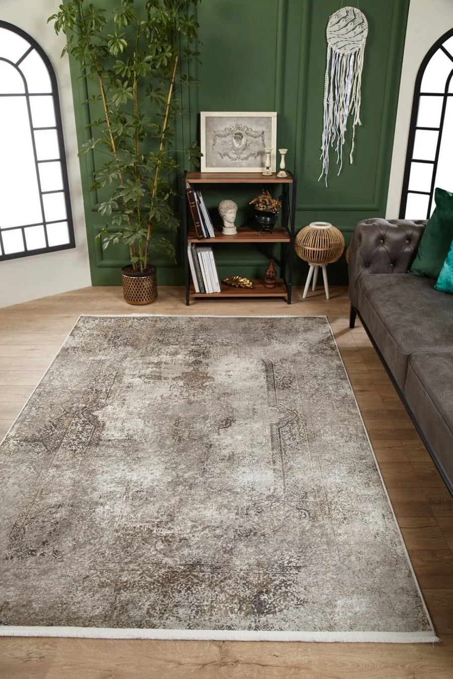 Gri Vizon Dokulu Minimalist Halı - Yıkanabilir - Kaymaz Taban - Pati Dostu