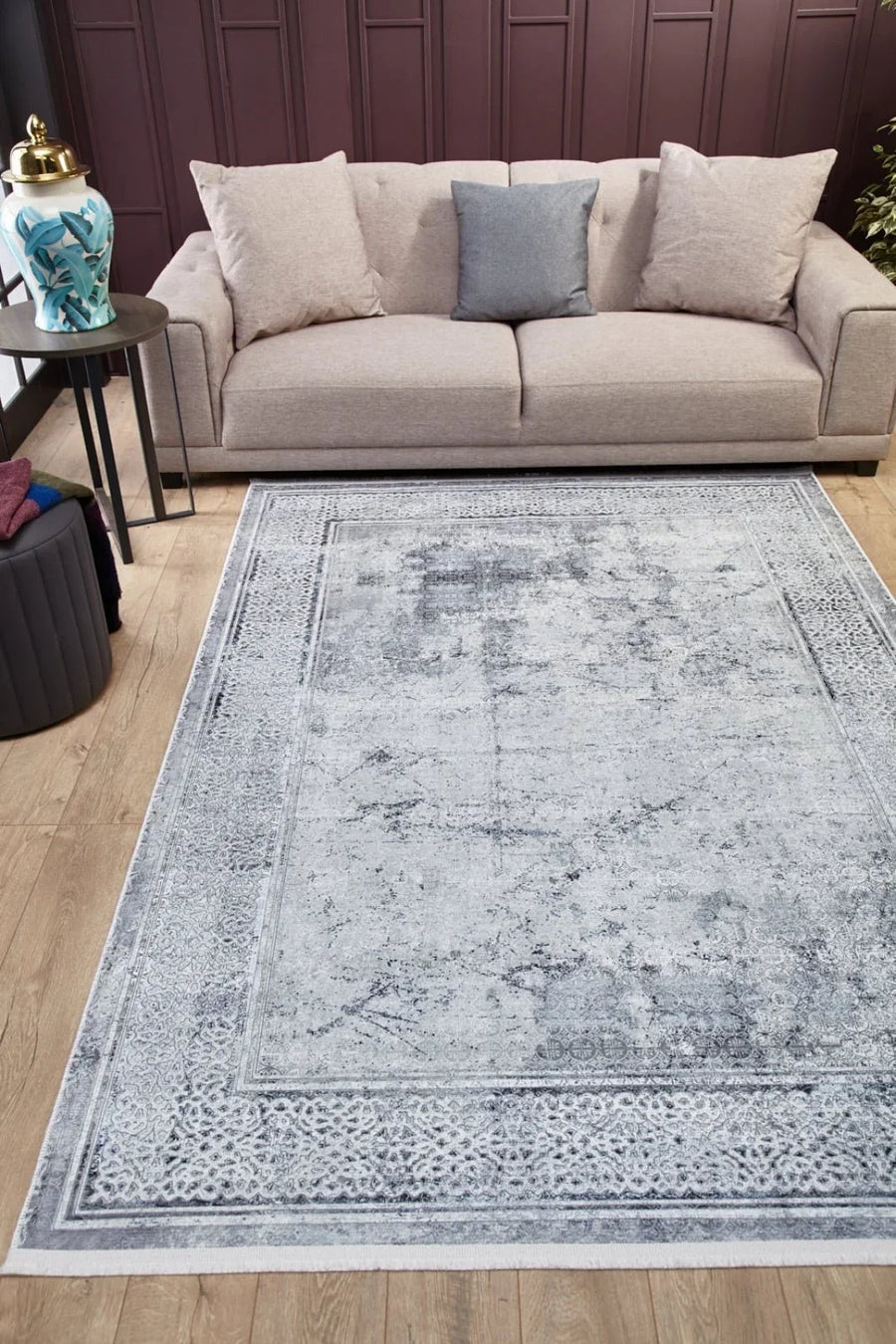 Beyaz Gri Dokulu Minimalist Halı - Yıkanabilir - Kaymaz Taban - Pati Dostu