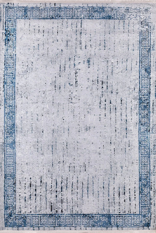 Beyaz Mavi Bordürlü Eskitme Halı - Yıkanabilir - Kaymaz Taban - Pati Dostu