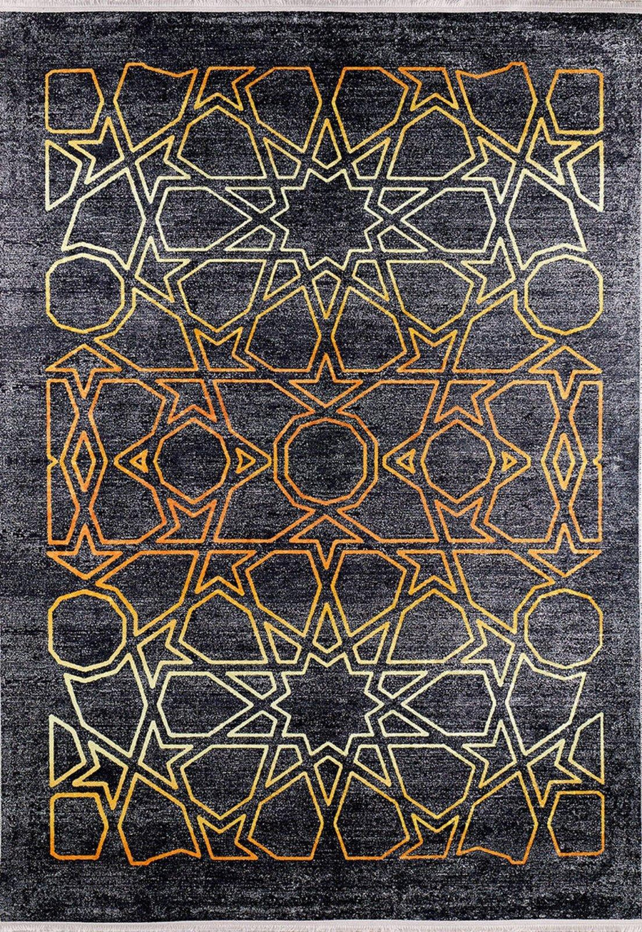 Anthracite & Orange Geometric Pattern Low Pile Area Rug – in the living room