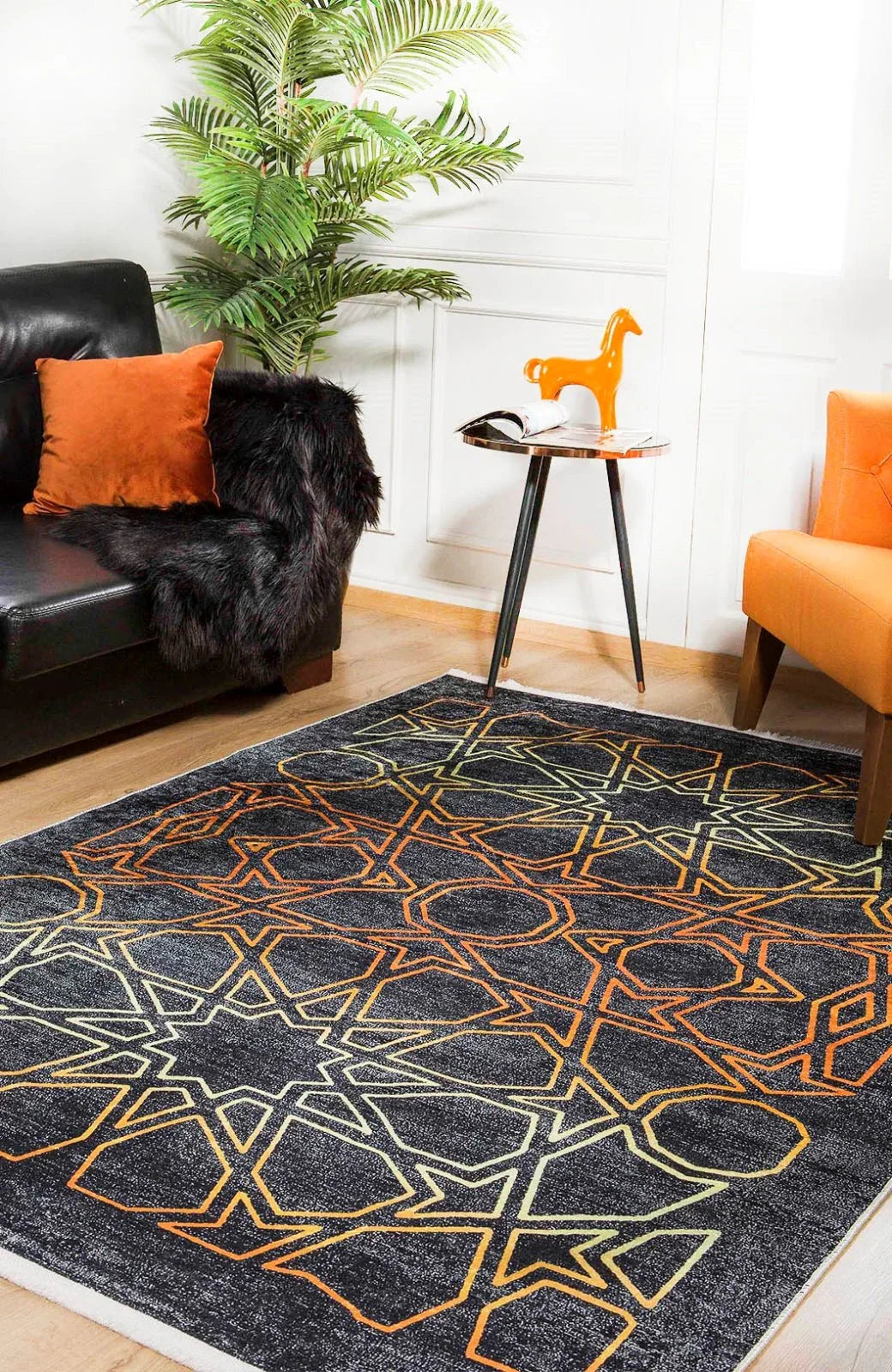 Antrasit Geometrik Modern Halı - Yıkanabilir - Kaymaz Taban - Pati Dostu