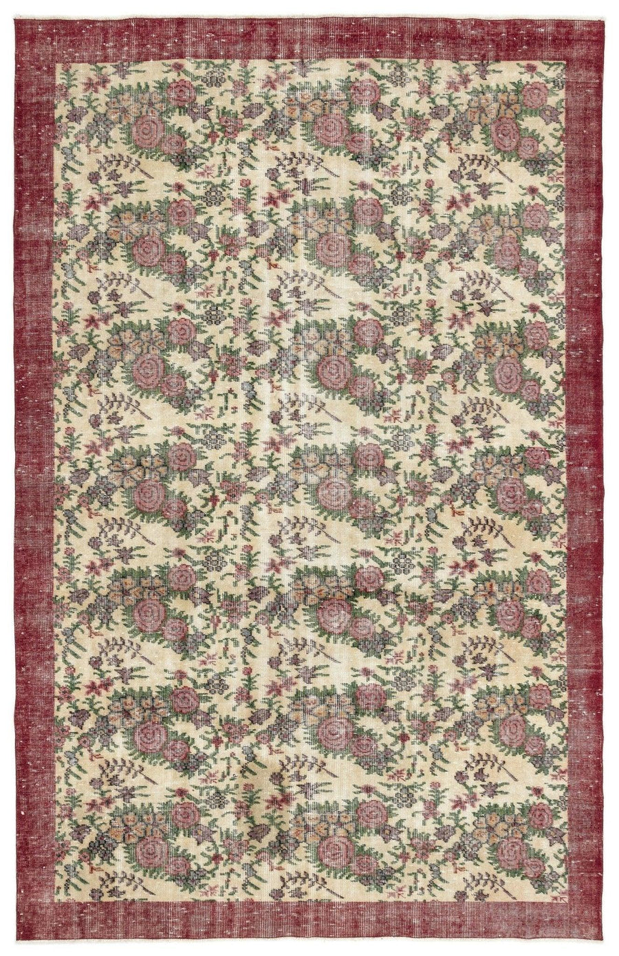 Bej Krem Anadolu Eskitme Çiçekli Yün Halı 188x295 - Özel Seri