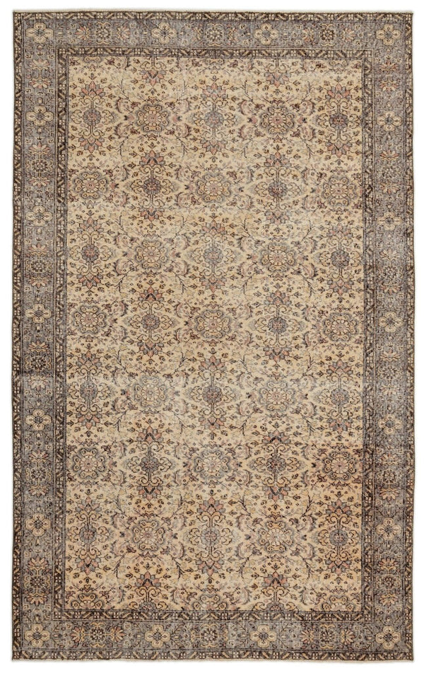 Antrasit Bej Anadolu Eskitme Çiçekli Yün Halı 188x295 - Özel Seri