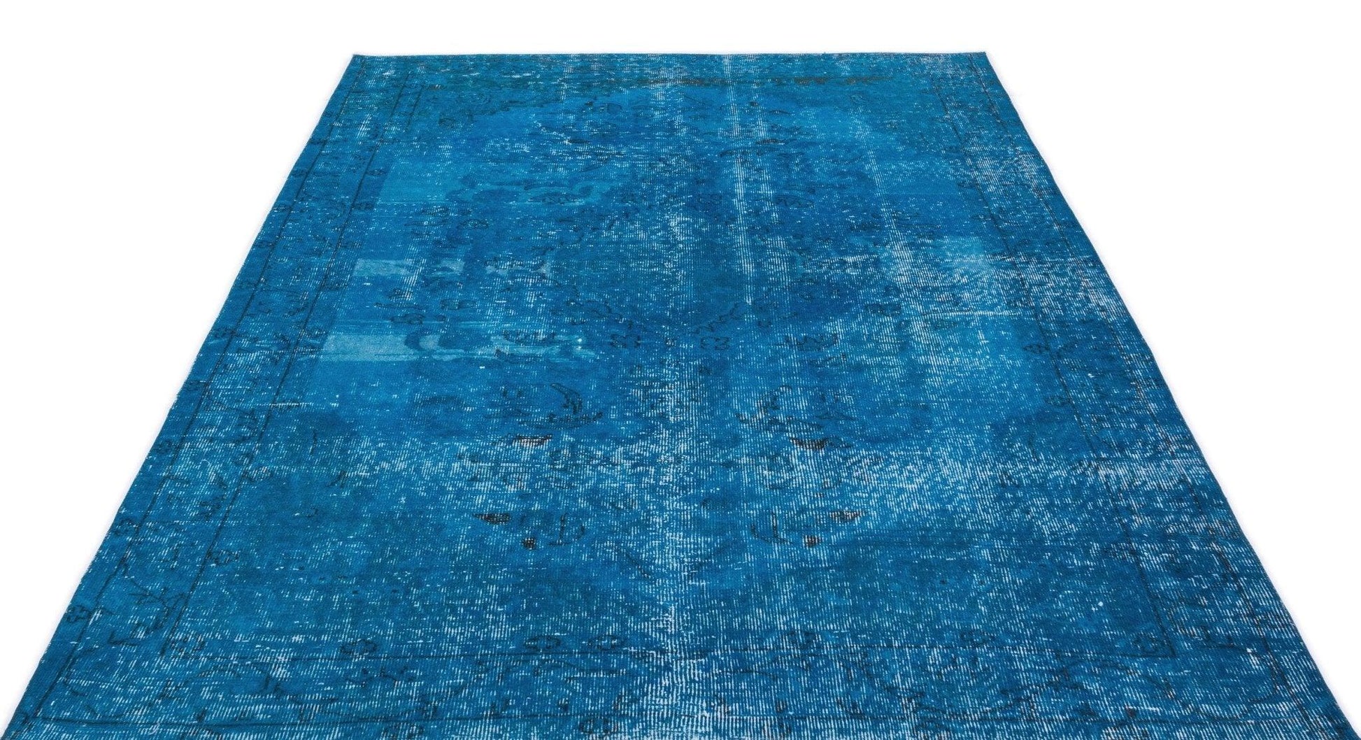 Beyaz Mavi Eskitme Geometrik Yün Halı 168x265