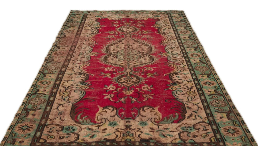 Bej Kırmızı Anadolu Eskitme Madalyonlu Yün Halı 195x292 - Özel Seri