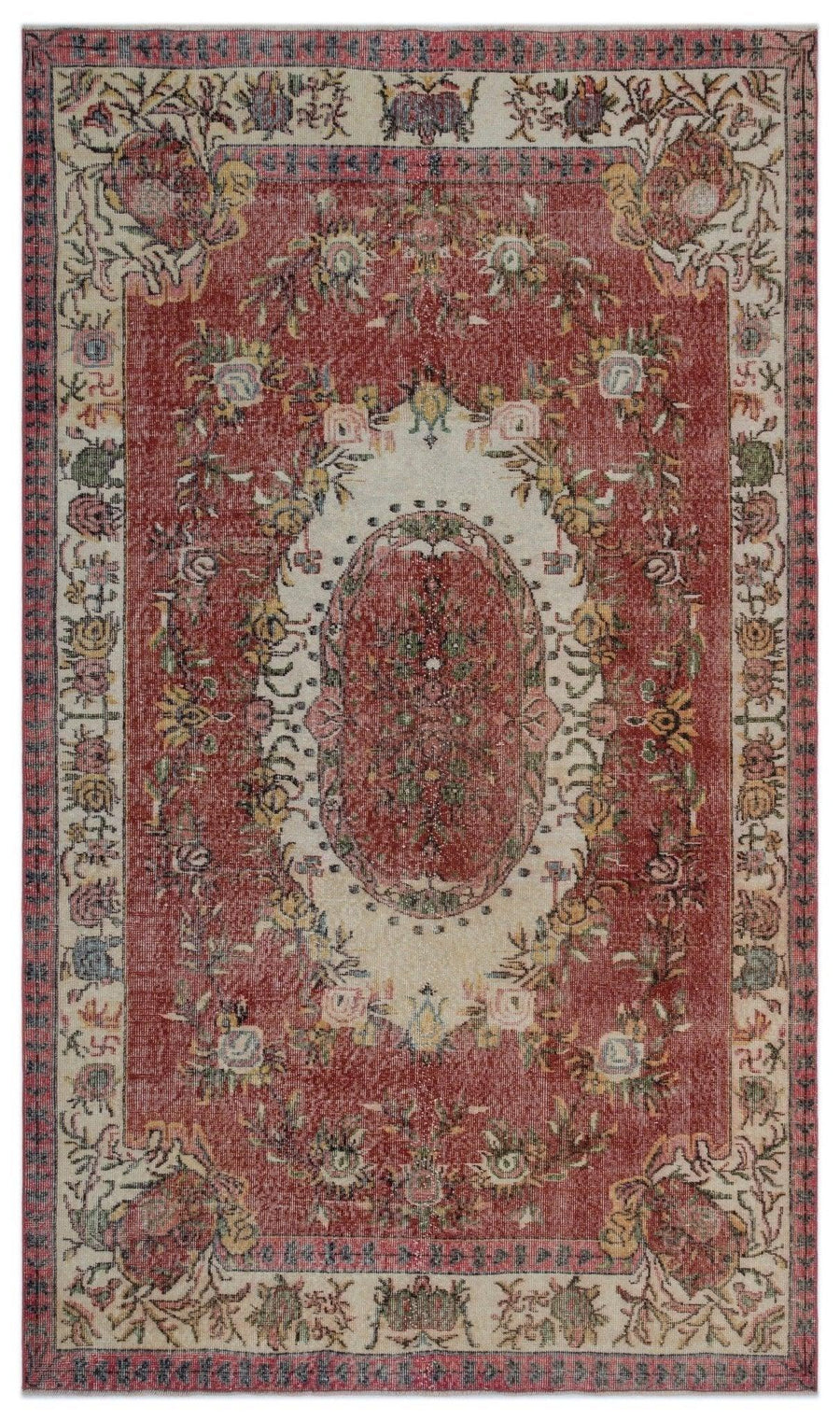 Red & Cream Medallion Vintage Turkish Rug 170x291 cm (5'7" x 9'7") – in the living room