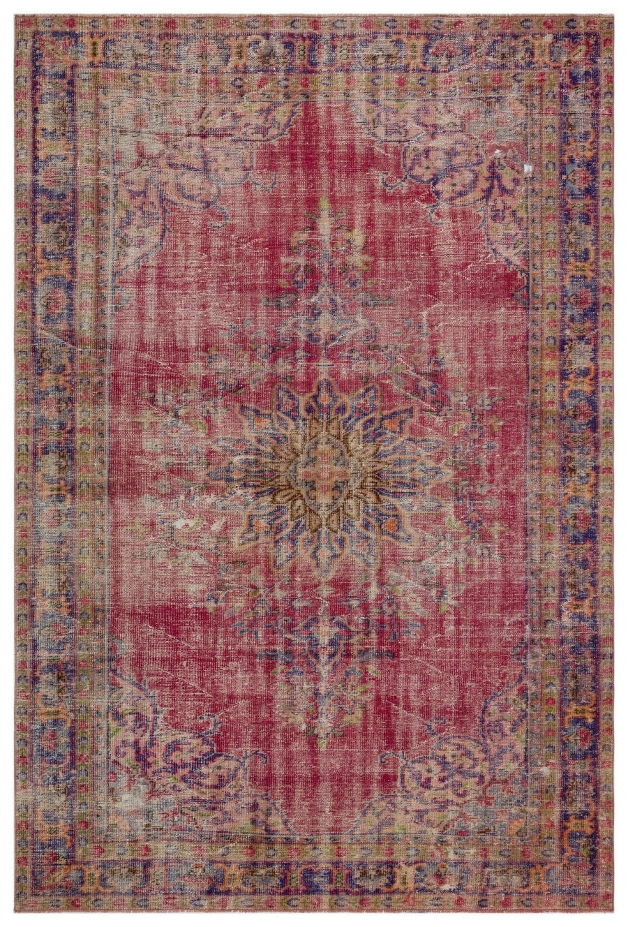 Kırmızı Anadolu Eskitme Madalyonlu Yün Halı 196x300 - Özel Seri