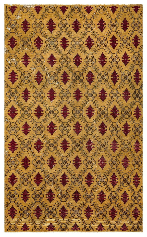 Sarı Eskitme Geometrik Yün Halı 152x253