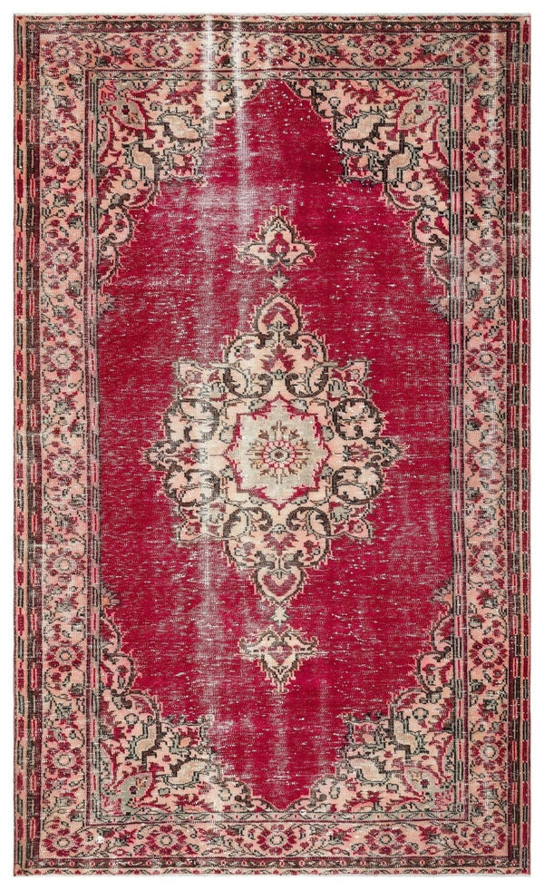 Kırmızı Anadolu Eskitme Madalyonlu Yün Halı 182x302 - Özel Seri