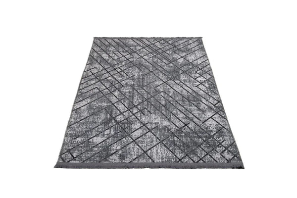 Antrasit Beyaz Geometrik Minimalist Halı - Yıkanabilir - Kaymaz Taban - Pati Dostu