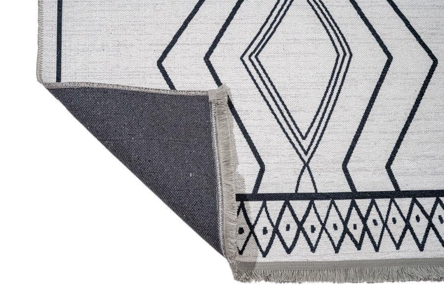 Beyaz Gri Etnik Geometrik Halı - Yıkanabilir - Kaymaz Taban - Pati Dostu